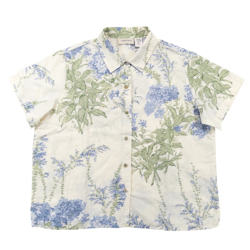 Lemon Grass Womens Shirt XL Ivory Blue Hydrangea Floral Linen Cotton Button Down